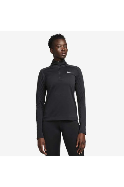Nike Dri-Fit Çeyrek Fermuarlı Büyük Beden Siyah Kadın Koşu Üst