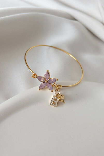 Narflake Altın Kaplama Harfli Charm Pembe Yonca Kadın Bileklik – El Yapımı Özel Tasarım