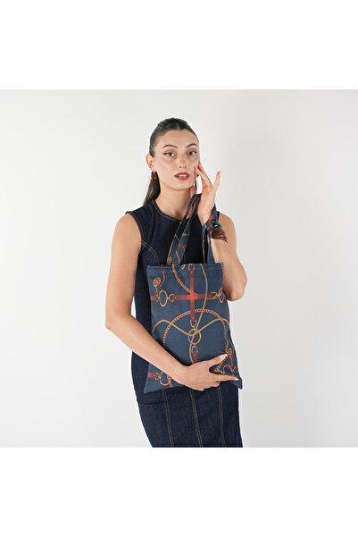 LERAIY Yeni Stil Lacivert Kemer & Zincir Desenli Kumaş Çanta