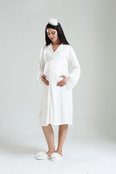 Lohusa Dünyasi Kadın Önden Düğmeli Dantelli Lohusa Hamile Tek Gecelik