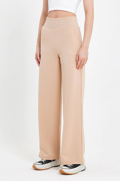 MetuCA Kadın Bej Yüksek Bel Cepli Palazzo Geniş Paça Krep Kumaş Pantolon Eşof...