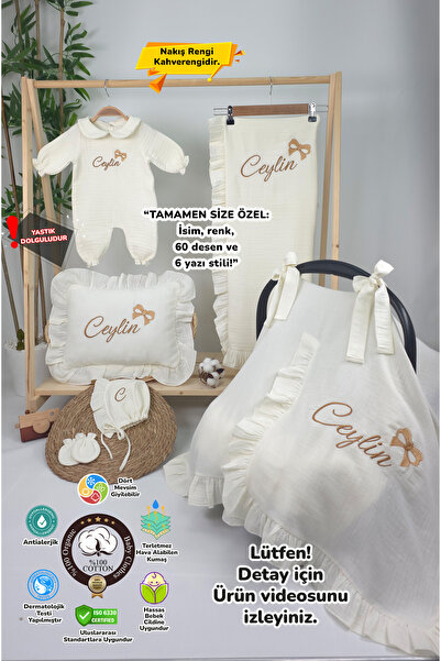gros shop Müslin Yeni Doğan 4Katlı Organik %100Pamuk Kişiye Özgü Nakışlı Hast...