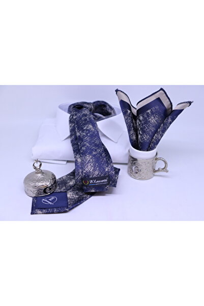 B'lazzotti Woven Handkerchief Tie for Men Navy Blue Beige