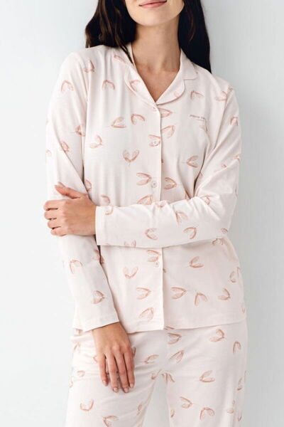 Pierre Cardin Gömlek Yakalı, Cepli, Kadın Pijama Takımı, Uzun Kol, Pembe, Desenli, %50 Pamuk, %50 Modal
