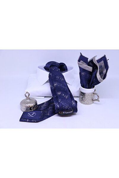 B'lazzotti Woven Handkerchief Tie for Men Navy Blue Beige