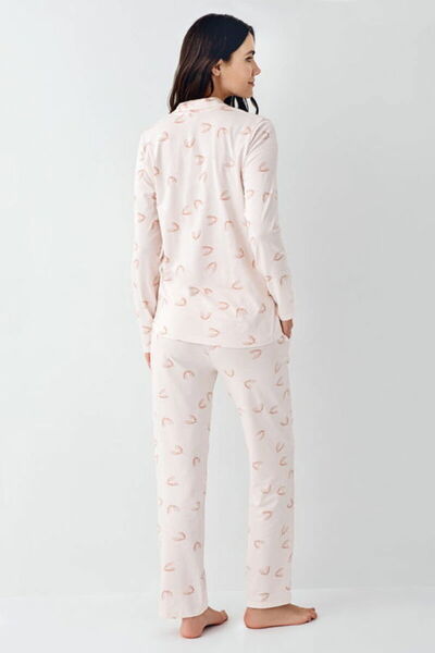 Pierre Cardin Gömlek Yakalı, Cepli, Kadın Pijama Takımı, Uzun Kol, Pembe, Desenli, %50 Pamuk, %50 Modal