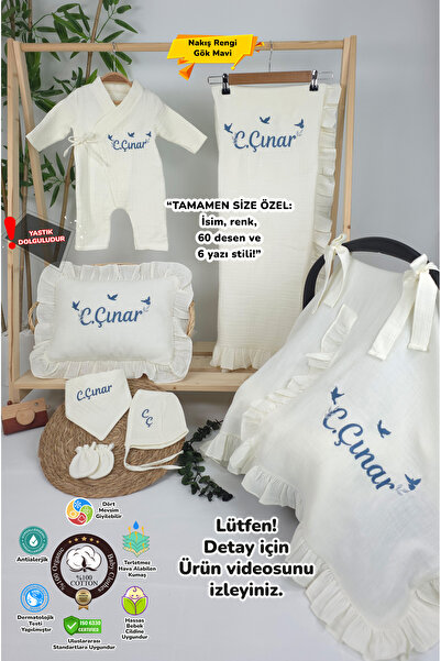 gros shop Müslin Yeni Doğan 4Katlı Organik %100Pamuk Kişiye Özgü Nakışlı Hast...