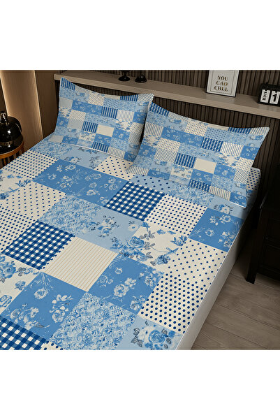 3D ELSE HALI Blue and White Patterned Elastic Double Bed Sheet Set with Pillowcases 160X200Cm