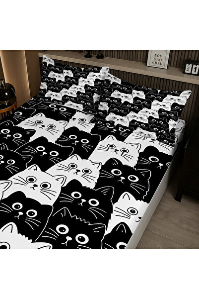 3D ELSE HALI Black and White Cats Patterned Elastic Double Sheet Set with Pillowcases 160X200Cm