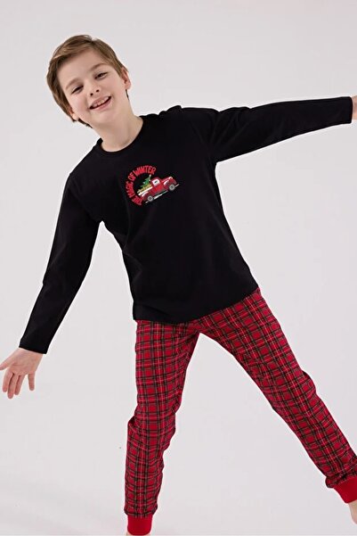 Arnetta 100% Cotton Long Sleeve Bottom Plaid Pattern Boys' Pajama Set