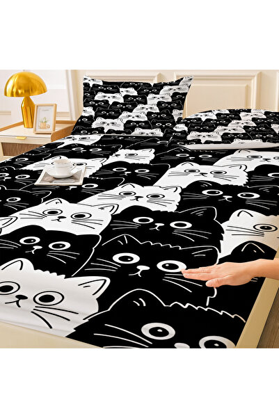 Else Dekor Black and White Cats Patterned Elastic Double Sheet Set with Pillowcases 160X200Cm