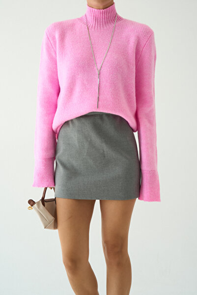 LOOSH Kadın Pembe Yarım Balıkçı Yaka Yırtmaç Detaylı Triko Kazak