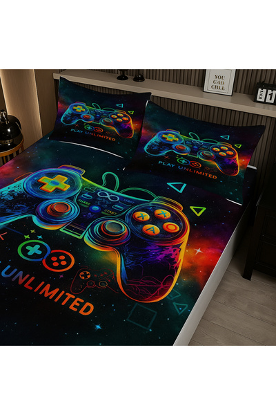 3D ELSE HALI Game Console Joystick Gamer Patterned Elastic Double Bed Sheet Set with Pillowcases 160X200Cm