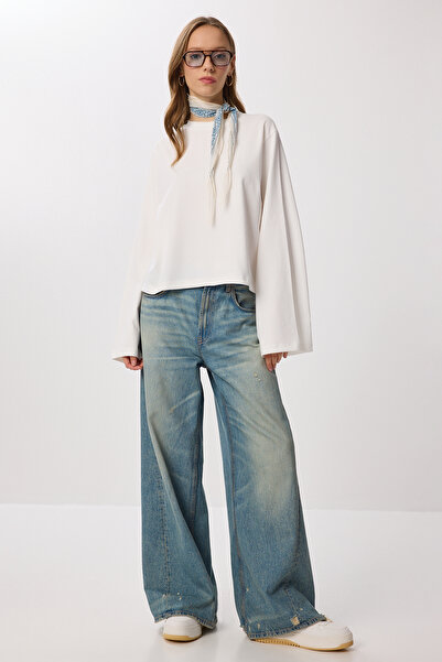 Lovelyİstanbul Basic Pamuklu İki İplik Örme Bluz LFZ0016 EKRU