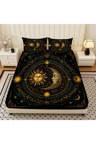 Else Dekor Moon Sun Astronomy Patterned Elastic Double Bed Sheet Set with Pillowcases 160X200Cm