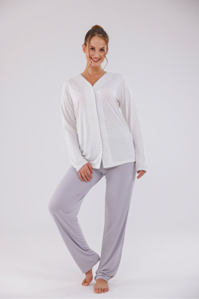 Yulem Homewear Γκρι με κουμπιά μπροστά με πουά Μεγάλο μέγεθος (Oversize) Μακρυμάνικο βαμβακερό σετ πιτζάμες