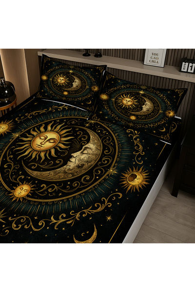 Else Dekor Moon Sun Astronomy Patterned Elastic Double Bed Sheet Set with Pillowcases 160X200Cm