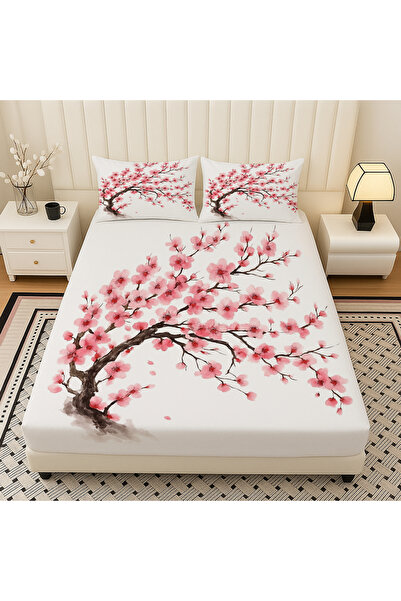 Else Dekor Sakura Pink Floral Tree Pattern Elastic Double Bed Sheet Set with Pillowcases 160X200Cm