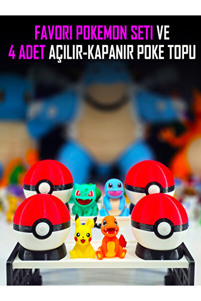 Suelo Butik 4 Adet Açılır-Kapanır Poketopu ve Favori Pokemon Charmander,Pikachu,Balbazar,Squirtle Figür Seti