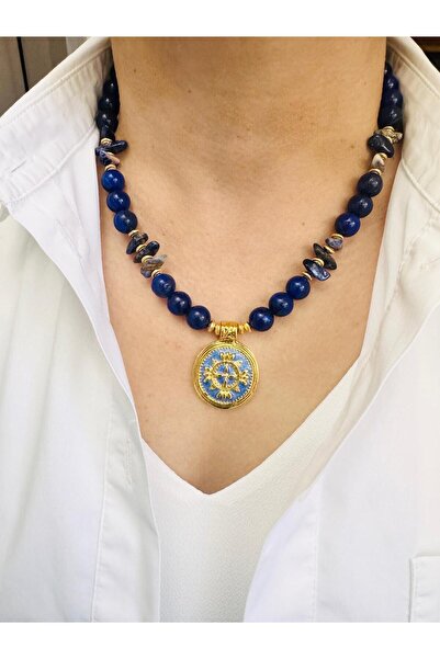DEVİ fashion قلادة عتيقة من حجر اللازورد والسوداليت الطبيعي مقاس 48 سم