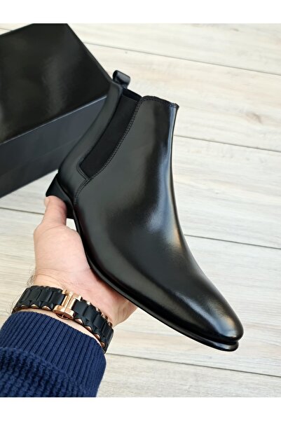 Özel Yapım Siyah Hakiki Deri Chelsea İtalyan Model Klasik Kesim Erkek Bot