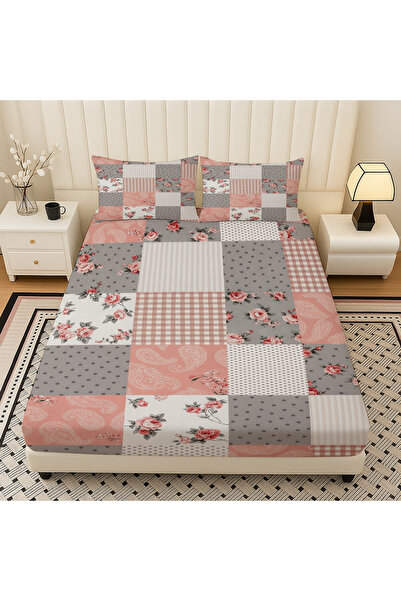 3D ELSE HALI Gray Pink Retro Floral Pattern Elastic Double Bed Sheet Set with Pillowcases 160X200Cm