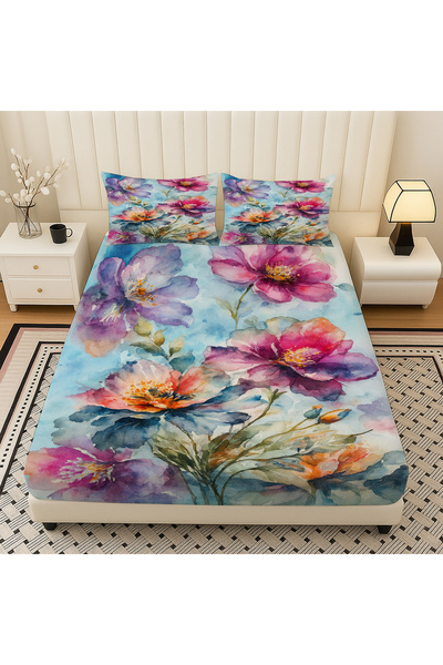 3D ELSE HALI Watercolor Floral Pattern Elastic Double Bed Sheet Set with Pillowcases 160X200Cm