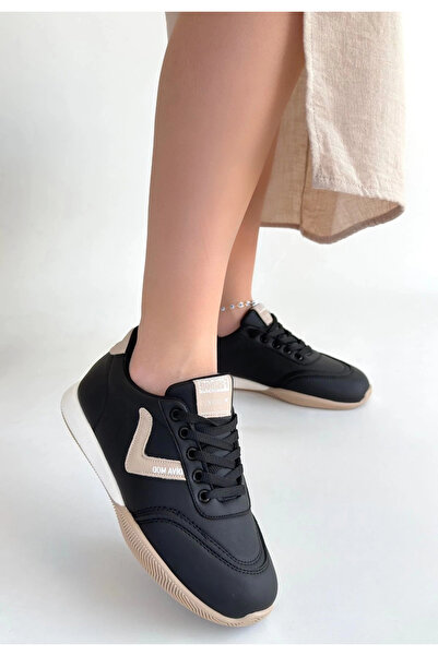 hibiscus Jowen Black Leather Beige Detailed Lace-Up Sneakers