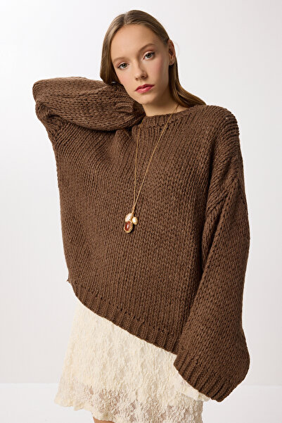 Lovelyİstanbul Oversize Yumuşak Dokulu Triko Kazak LKİ0043 KAHVERENGİ