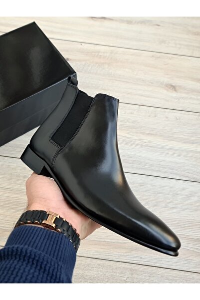 Özel Yapım Siyah Hakiki Deri Chelsea İtalyan Model Klasik Kesim Erkek Bot