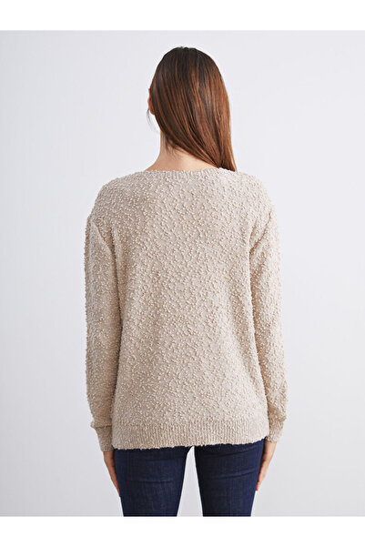 LC Waikiki Beige V-Neck Textured Women's Knitwear Cardigan