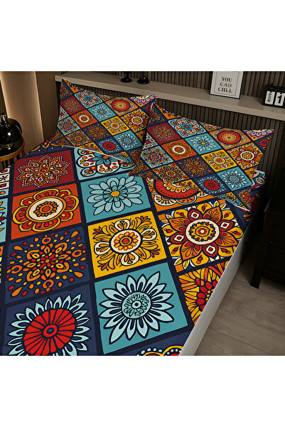 Else Dekor Colorful Tiles Ethnic Patterned Elastic Double Bed Sheet Set with Pillowcases 160X200Cm