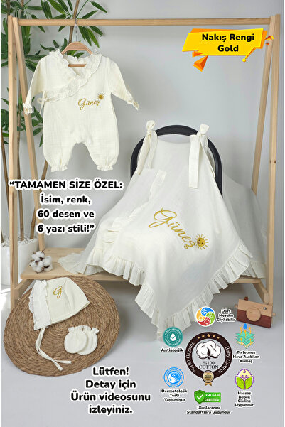 gros shop Müslin Yeni Doğan 4Katlı Organik %100Pamuk Kişiye Özgü Nakışlı Hast...