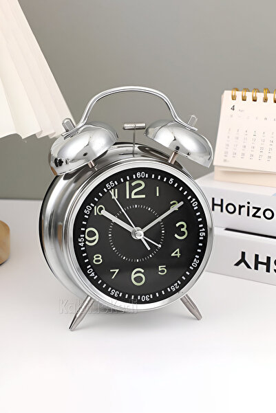 KaktüsKedi Büyük Boy Işıklı Masa Saati - Metal Çalar Saat