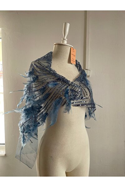 Nurcanilirboutique Otriş tüy boncuk işlemeli üzerine atmalık mini omuz şalı