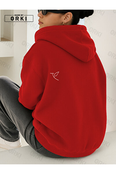 EFFRENATU Women's Oversize Hoodie Red – Birdline Minimal Bird Detail, Relax Fit