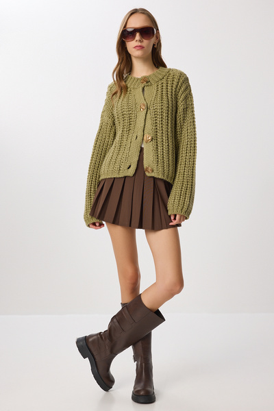 Lovelyİstanbul Gold Buttoned Knitwear Cardigan Lki̇0042 Khaki