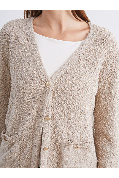 LC Waikiki Beige V-Neck Textured Women's Knitwear Cardigan