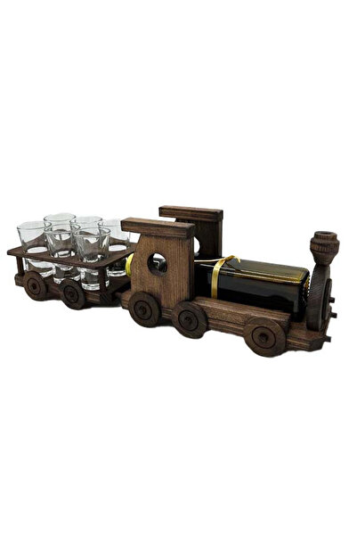 velve Minibar, suport din lemn in forma de locomotiva, cu sticla si 6 pahare ...