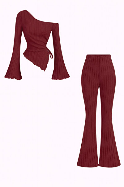 Wild Flower Burgundy Ribbed Asymmetrical One Shoulder Spanish Sleeve Blouse & High Waist Wide Leg Pants Set