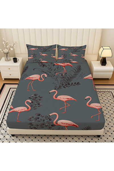 Else Dekor طقم ملاءات سرير مزدوجة مرنة منقوشة باللون الرمادي الفلامنغو الوردي مع غطاء وسادة مقاس 160 × 200 سم