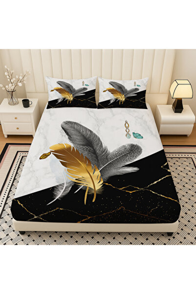 Else Dekor طقم ملاءات سرير مزدوجة مرنة بنمط ريش ملون مع غطاء وسادة 160×200 سم