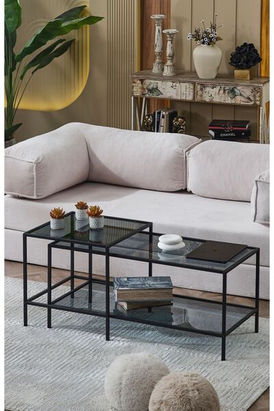 Dekoport Perla 2 li Orta Sehpa Siyah Metal Temperli Kırılmaz Füme Cam