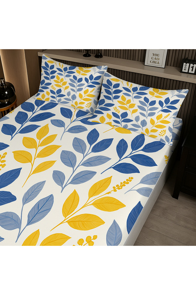 3D ELSE HALI Yellow Navy Blue Floral Patterned Elastic Double Bed Sheet Set with Pillowcases 160X200Cm