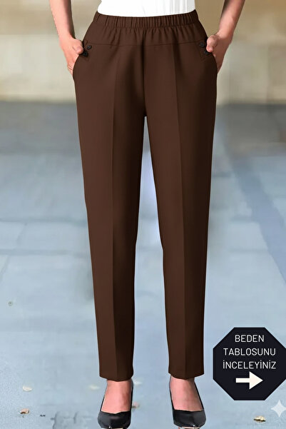 trendalisse Premium Quality Tok Fabric High Waist Pocketed Elastic Waist Brown Carrot Fabric Pants