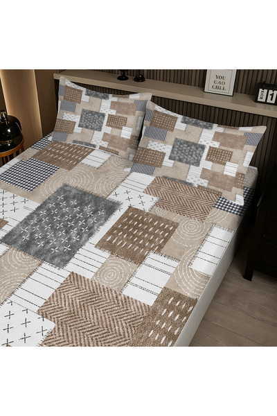 Else Dekor Brown Geometric Retro Patterned Elastic Double Bed Sheet Set with Pillowcases 160X200Cm