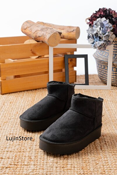 ljn lujinstore LujinStore Kadın Kalın Taban İçi Kürklü Yarım Bot Tefis Süet