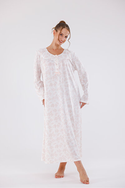 Yulem Homewear Gray Patterned Plus Size (Oversized) Cotton Long Sleeve Nightgown