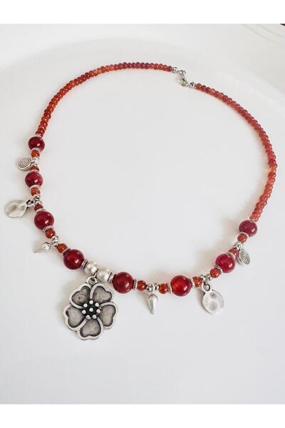 DEVİ fashion Akik Doğal Taş Çiçek Kolye 48 cm