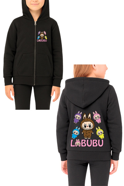 MECH BUTİK سترة كارديجان بسحاب أسود مطبوع عليها Labubu للفتيات